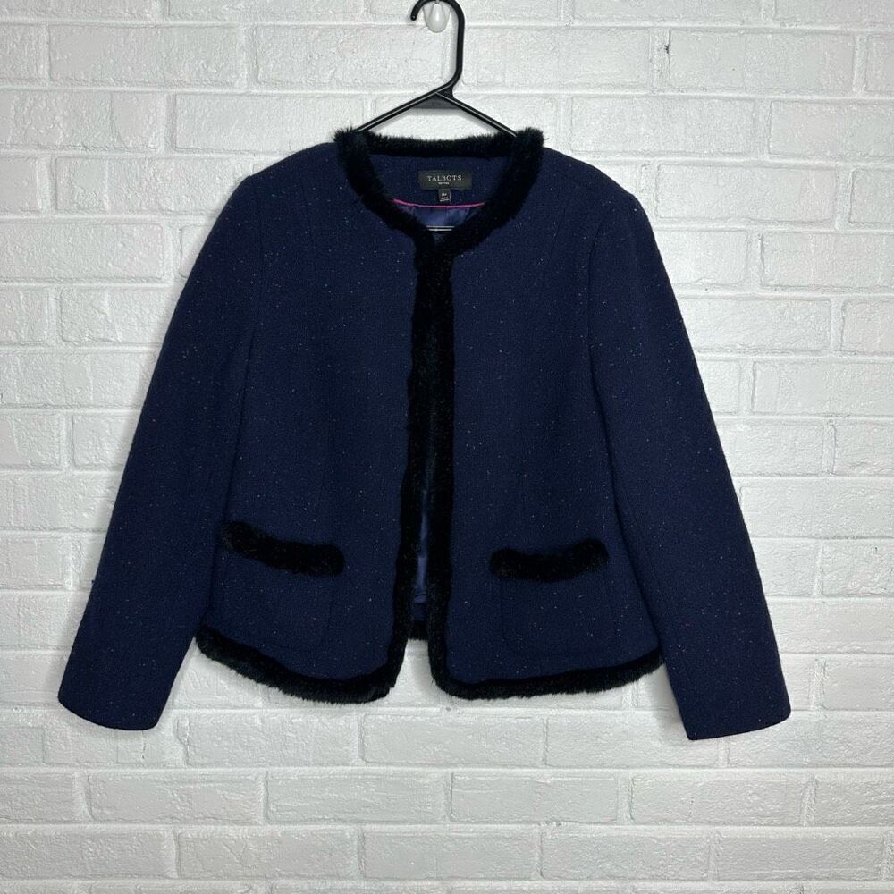 Talbots Wool Blend Faux Fur‎ Trimmed Shetland Blazer Jacket size 14P Petite